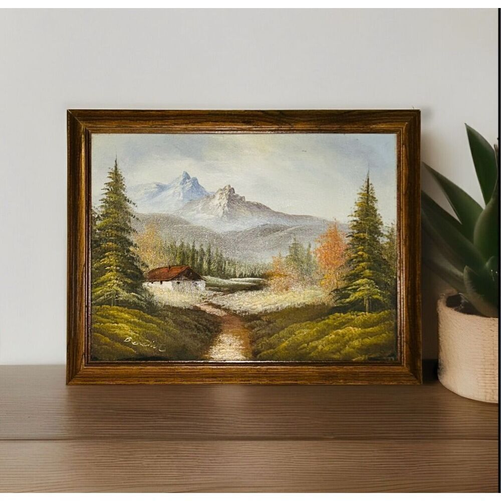 Vintage Signed Benedict Framed Canvas Mountain Cabin Landscape Painting